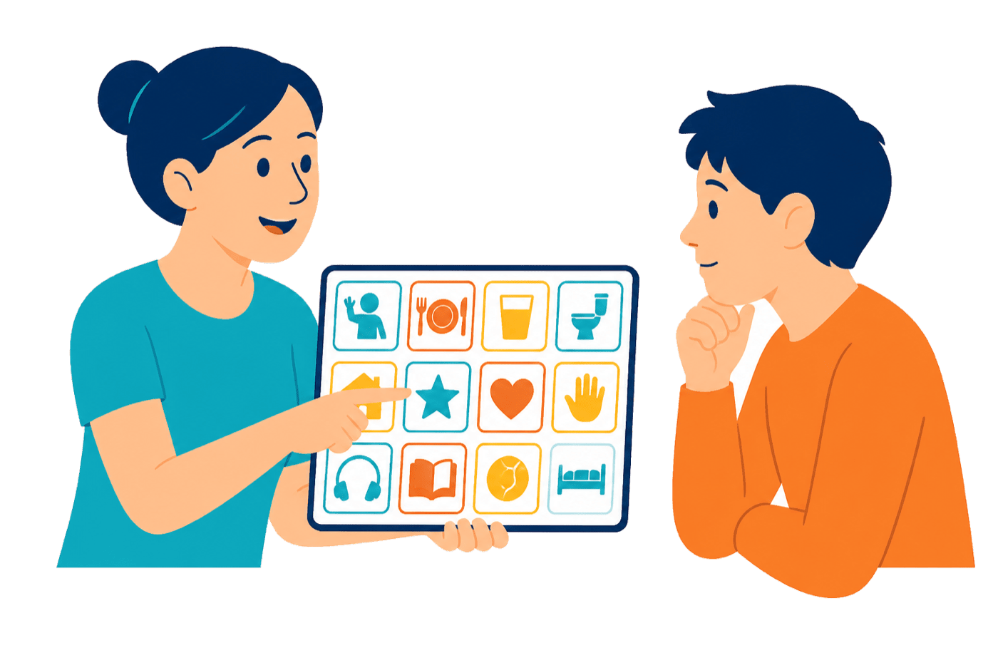 Illustration : un adulte montre l'exemple en utilisant lui-même les pictogrammes et les signes, pour modéliser la communication au quotidien.